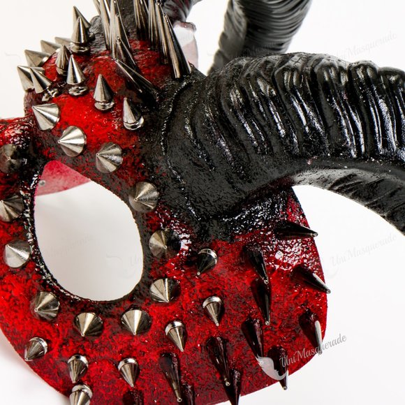 Red Face Steampunk Demon Silver Spikes with Black Horns Halloween Masquerade - Picture 3 of 3
